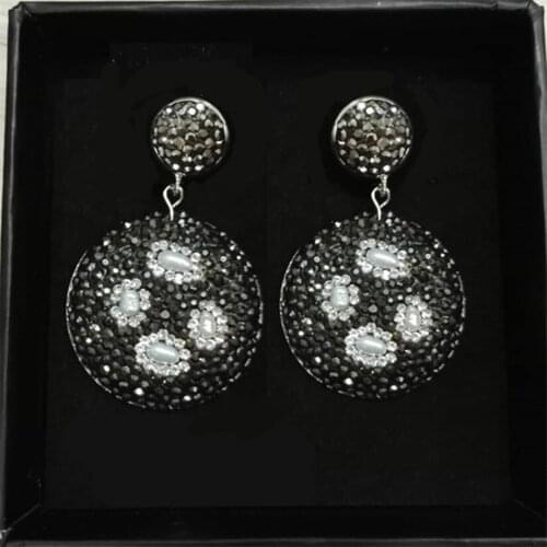 Handmade alloy base pave natural freshwater white pearl jewelry black rhinestone charm round connector dangle earrings for women