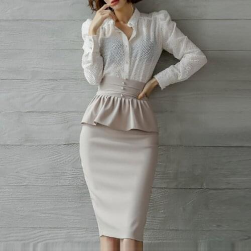 New 2 Pieces Set Women Spring Summer V Neck White Shirts Blouses Ruffle Bodycon Pencil Skirts Suit Casual Work Office Lady Sets