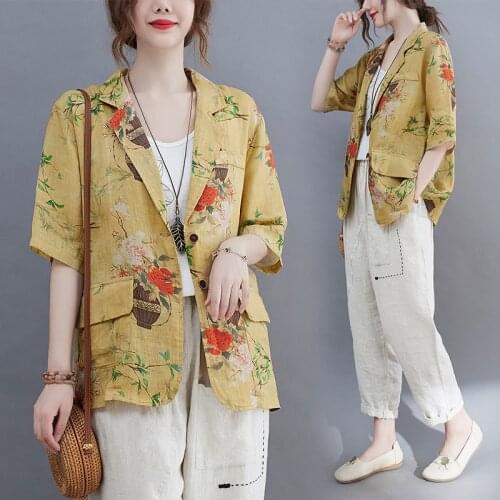 Summer Thin Blazer For Women Vintage Floral Print Fashion Plus Size Loose Casual Oversize Jacket Cardigan Female Outerwear
