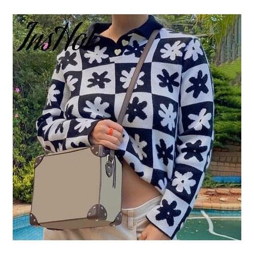 Women Flower Plaid Knit Sweater 2021 Autumn Winter Female Turn Down Collar Button Knitwear Short Casual Coat Pullover