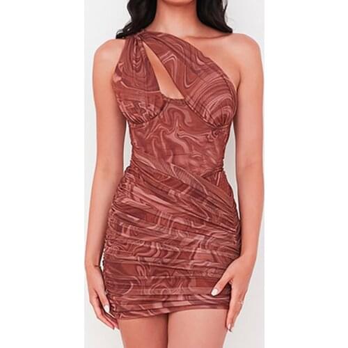 Female Hollow Out Dress Summer Wave Print Sloping Shoulder Sleeveless Package Hip Dress Blue Brown S M L