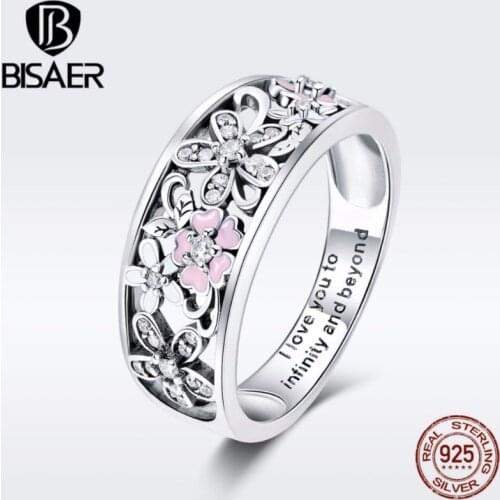 BISAER 925 Sterling Silver I Love You Finger Rings for Women Daisy Flower Cocktail Wedding Ring Authentic Silver Jewelry ECR390