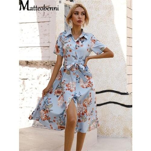 Floral Print Lace-Up Maxi Shirt Dress 2021 Summer Womens Single-Breasted Printed Short-Sleeved Dress With Belt Robe Femme Mujer
