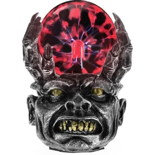 Wicked Skull Head Magic Plasma Ball Lighting Night Lamp Evil Skeleton Skull Plasma Globe Halloween Figurine Statue Home Decor