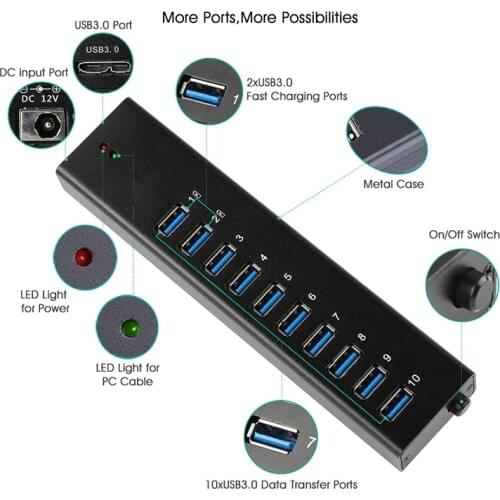 10 Port usb data hub External USB HUB With Power Adapter For PC MAC Computer