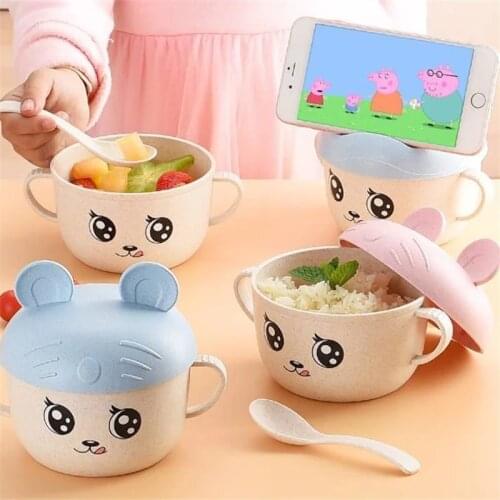 Cartoon Bowl Kids Feeding Tableware Set Wheat Straw Cutlery Set Children Eating Dinnerware Anti-scald Training Bowl & Spoon Set
