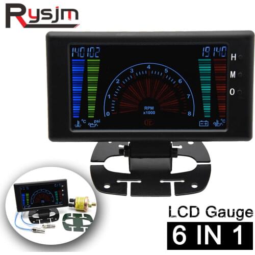 6 in 1 LCD Car Digital Gauge Oil Pressure Voltage Water Temperature Oil Temperature Time Tachometer tacometro rpm meter Gauge
