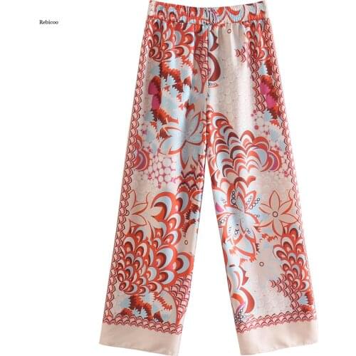 Women Vintage Totem Floral Print Elastic Waist Casual Wide Leg Pants Retro Female Chic Pocket Summer Long Trousers