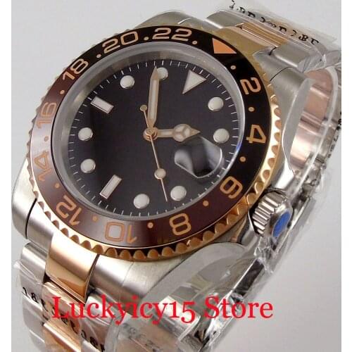 BLIGER Brand Rose Gold 40mm Automatic Men Watch Two Tone Oyster Strap Ceramic Insert Screw Crown Sapphire Crystal