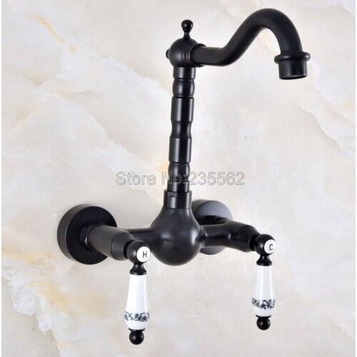 Black Oil Rubbed Brass Kitchen Sink Faucet Wall Mounted Double Handle Bathroom Basin Cold And Hot Mixer Tap lnf860