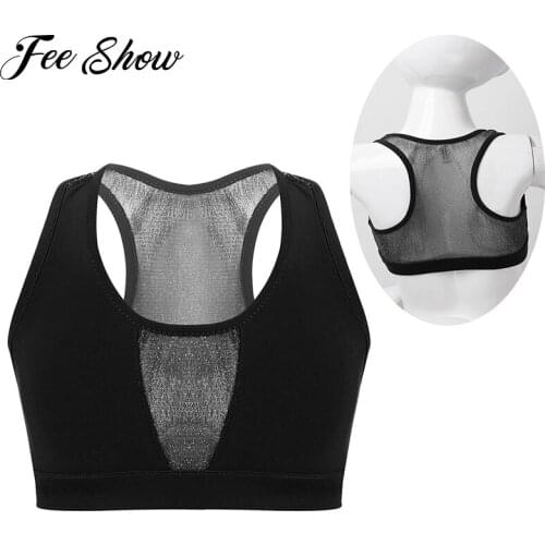 Children Girls Sleeveless Racer Back Stretchy Mesh Splice Crop Top Sports Gymnastics Ballet Tops Stage Performance Dance Costume