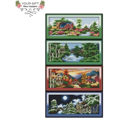 Joy Sunday Four Seasons Home Decor F127(1)(2)(3)(4) 14CT 11CT Castle Spring Summer Autumn Winter Scenic Embroidery Cross Stitch