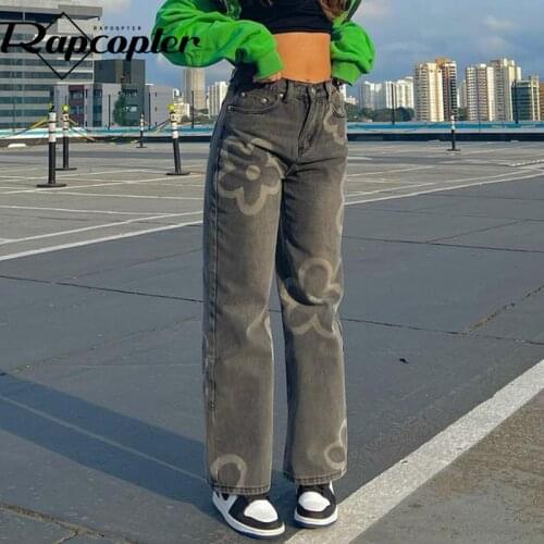 Rapcopter Gray Floral Jeans y2k Aesthetic Straight Denim Pants High Waisted Pockets Zipper Cargo Pants Women Retro 90s Hot Jeans