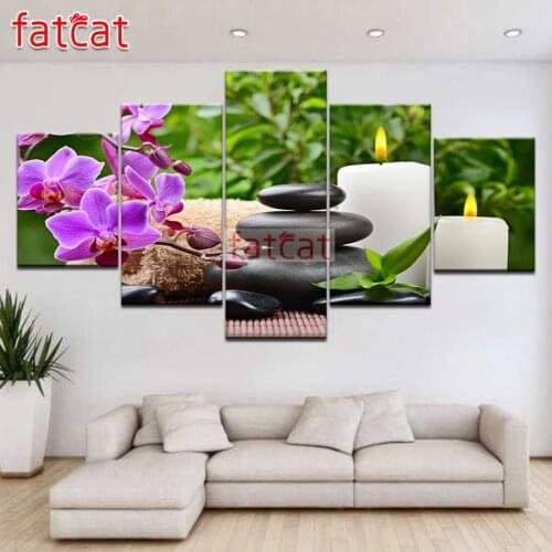 FATCAT Orchid Candle 5 Piece Diy Diamond Painting Full Square Round Drill Diamond Embroidery Flowers Black Stone Decor AE1995