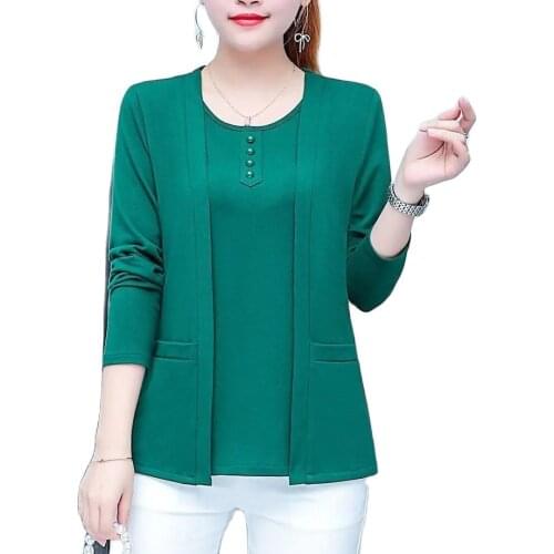 Fake Two Pieces Women T Shirt Long Sleeve Top Casual Pullovers Spring Fall New Fashion Female Plus Size O-neck Tee Shirt Femme