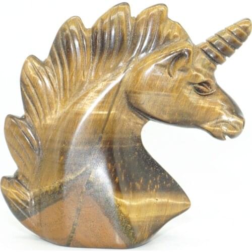 Unicorn Head Skull Figurine Natural Yellow Tiger Eye Healing Energy Animal Carved Crystal Statue Gemstone Home decor 2"