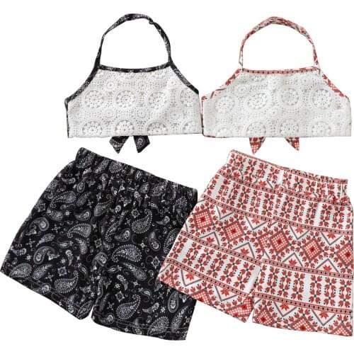 2Pcs Toddlers Girls Outfit Summer Boho Children Hanging Neck Backless Sleeveless Midriff-baring Tops + Bohemian Style Shorts Set