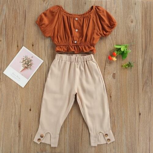 Summer Fashion 2pcs Clothes For Toddler Baby Girl Ruffles T-shirt + Beam Feet Button Long Pants Trousers Children Trousers Suit