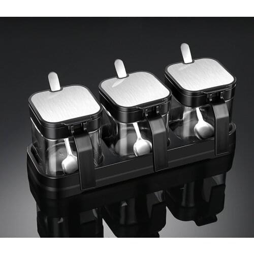 Set of 3 300ml Glass Spice Jars with Basin and Spoon Salt Pepper Cellar Storage Box Bottles Herb Tool Kitchen Gadget Accessories