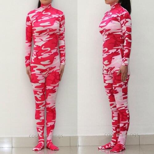 Fancy Dress Party Pink Camo Spandex Zentai costume dancewear Unitard Bodysuit No Hood & Hands
