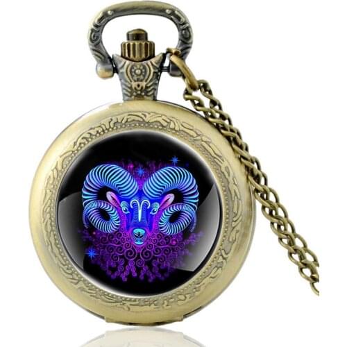 2020 New Aries Constellation Pattern Vintage Quartz Pocket Watch Pendant Clock Watch Men Women Charm Necklace Gifts