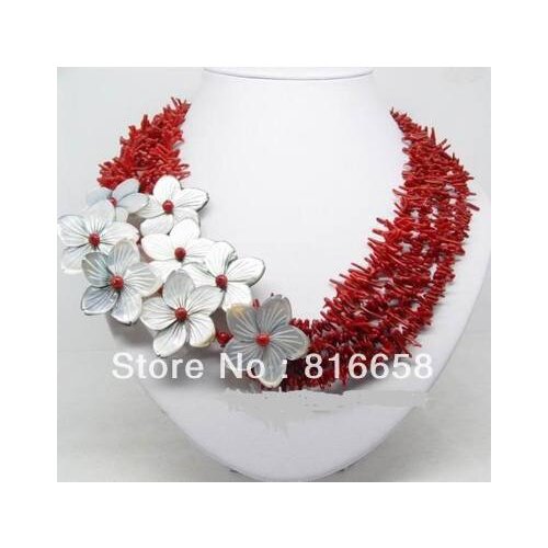 Charming !!! natural red coral shell flower necklace