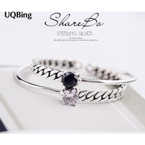 Wholesale Fashion 925 Sterling Silver Bangles Black Stone Crystal Cuff Bangles & Bracelets Women Accessories Srebrna bransoletka