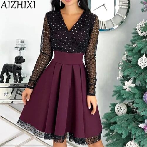 AIZHIXI New 2021 Flocking Sequin Mesh Patchwork Woman Dress Spring Summer Sexy V Neck Long Sleeve Belted A Line Mini Dresses