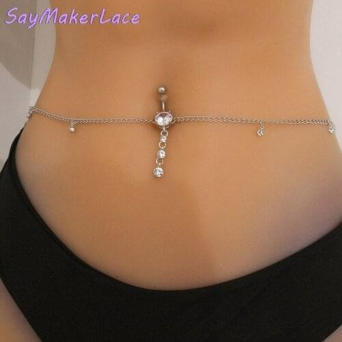 Rhinestone Dangle Belly Button Ring With Waist Chain Drop Pendant Navel Piercing Body Jewelry New
