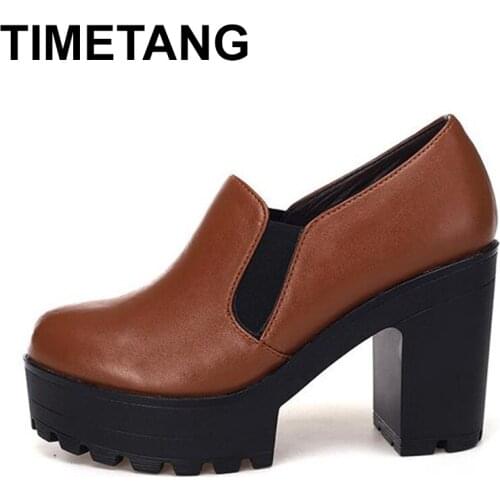 TIMETANGWomens Deep In Mouth Shoes Pumps Spring Genuine Leather Womens High Heels Platform Shoes Ladies Work Shoes Heel Block