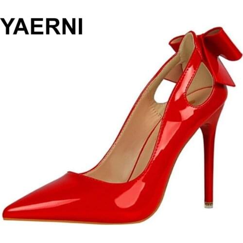 YAERNI Spring Patent Leather Fashion Bowtie Womens Shoes Back Heel Cut-Outs Sexy Pumps Female High Heels Pointed Toe Dress Part