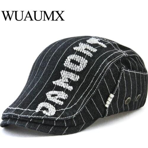 Wuaumx Fashion Cotton Berets Hat For Men Women Hip Hop Visor Spring Autumn Beret Cap Denim Flat Cap Striped Duckbill Hat Unisex