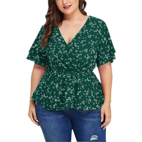 38# Women Plus Size Sexy V Neck Short Sleeve Ruffle Printed Shirt Top Backless Blouse Modis Ruffle Dot Printing Women Tops Bloue