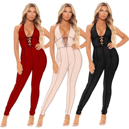 2021 Summer New Arrival Fashion Sexy Bandage Bodycon Jumpsuit Women Casual Skinny Backless Halter Lace Up Bodysuit Women Clothes