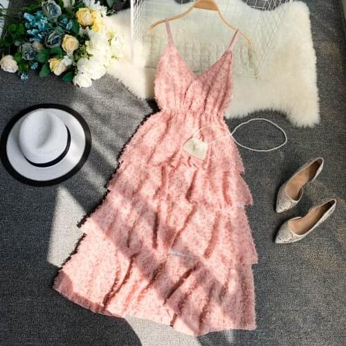 HISUMA 2019 summer new Womens strap V-neck layer ruffles tassel chiffon ball gown dress female elegant waist tiered dresses