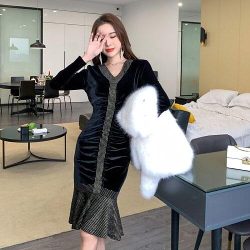 Spring Sexy Party Bodycon High End Women Dresses Vintage Patchwork Mermaid Vestidos Long Sleeve V Neck Elegant Velvet Dresses