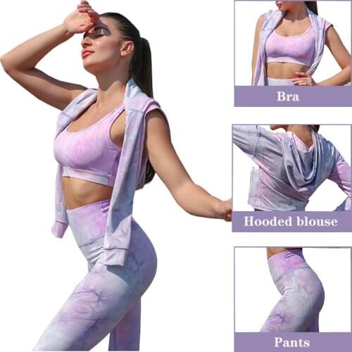 2/3 pcs Women Seamless tie-dyed Yoga Set Hooded Sport Suit Gym Sportswear Fitness Cloth Running Workout Wear tracksuit Leggings