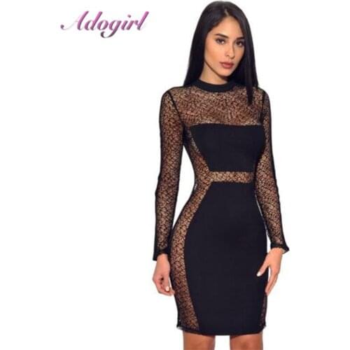 Adogirl Sexy Sheer Mesh Lace Bodycon Night Party Club Mini Dress Women Casual Long Sleeve Zipper Pencil Dresses Summer Vestidos