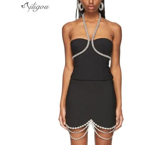 Ailigou Fashion Halter Top Vest Mini Skirt Black Two-Piece Female Beaded Tassel High Waist Sexy Two-Piece Suit New Streetwear