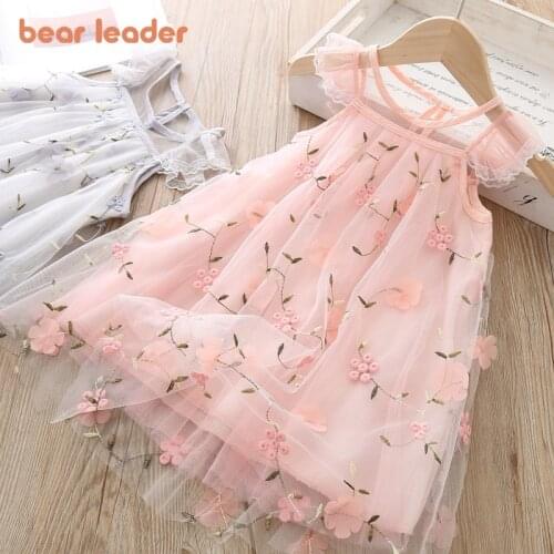 Bear Leader Girls Clothes 2021 Girl Dress New Fashion Princess Clohtings Sweet Flower Embroidery Mesh Dress For 2-6 Years