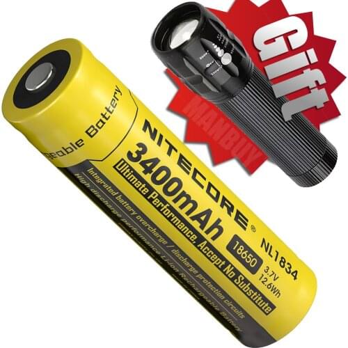 Free shipping NITECORE NL1834 18650 3400mAh 3.7V Protected Battery Button Top for All Type Flashlights 1 Piece + GIFT Flashlight