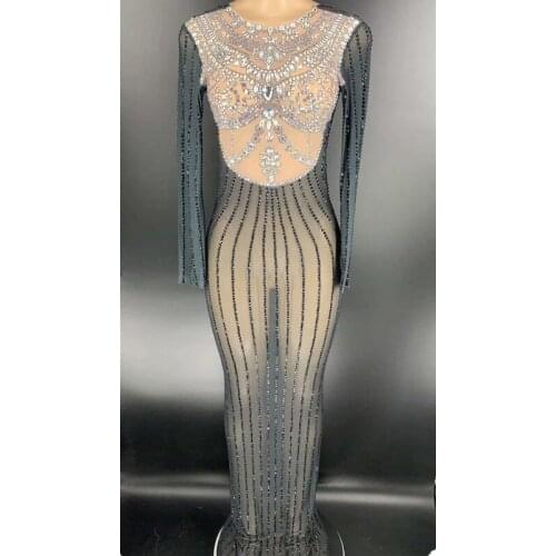 Black Jazz Dance Costume Sexy Rhinestones Transparent Long Dress Women Dancer Prom Party Show Dress Bar Birthday Outfit Clothes