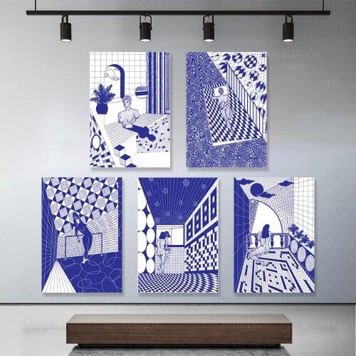 Decor Modern Modular Abstraction Art Poster Geometric Blue Line Statue Canvas Painting Frame Print Picture Home Living Room Wall