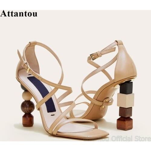 Uniqe Designer Asymmetrical Building Block Heeled Summer High Heel Sandalias Mujer Cross Narrow Band Gladiator Sandals