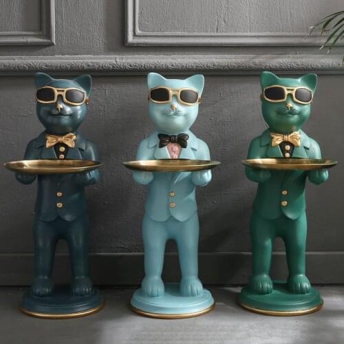 Home Decor Multifunctional Cat Floor Ornament Metal Tray And Resin Decoration Modern Sculpture Of Living Room In Northern Europe