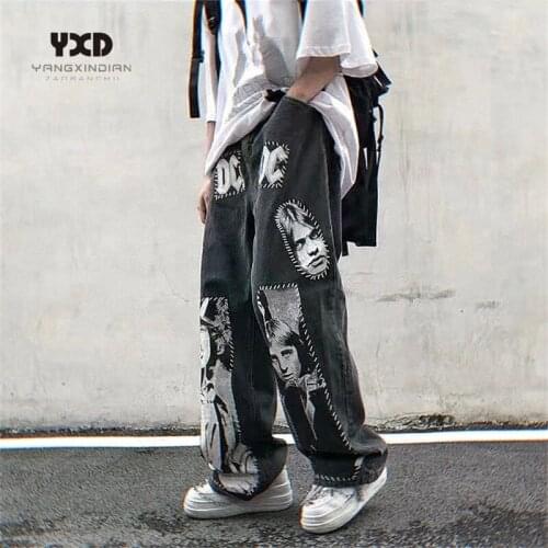 Mens Loose Jeans Man 2021 New Tide Brand Rock Band Printed Casual Wide Leg Pants For Men Japanese Style Straight Trousers Male