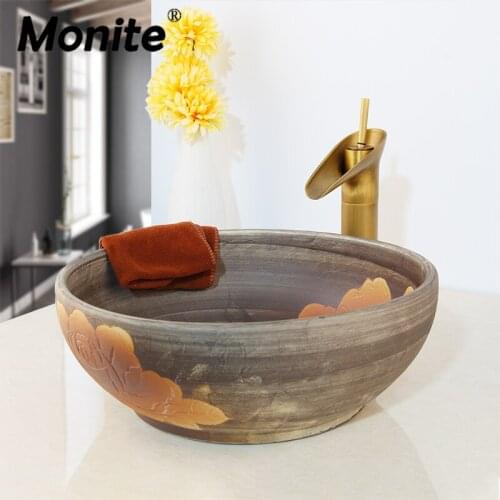 Monite Brown Art Ceramic Vessel Bathroom Sink Set Peony Painting Ceramic Basin Waterfall Antique Brass Bathroom Faucet Mixer Tap