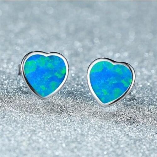 Fashion Blue White Pink Opal Wedding Earrings Boho Female Small Heart Stud Earrings Real 925 Sterling Silver Earrings For Women