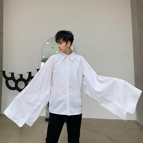 Men Wide Long Sleeve Black White Shirt Male Japan Style Gothic Sleeve Stage Fashion Show Clothing