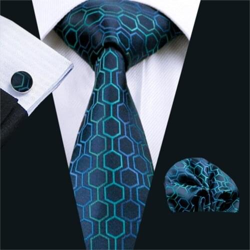FA-534 Mens Tie Blue Geometric Silk Jacquard Classic Tie Hanky Cufflinks Set Ties For Men Business Wedding Party Free Shipping